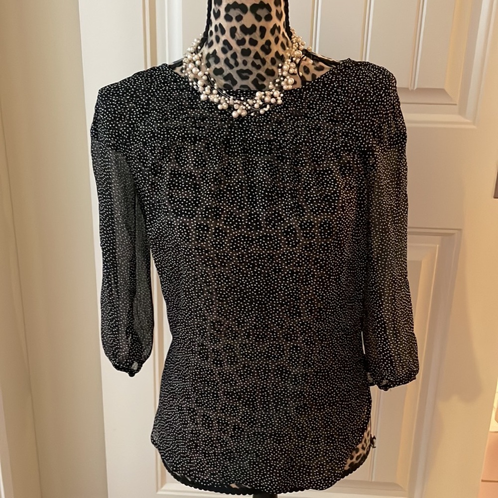 NWT Sheer feminine black with white polka dots blouse.